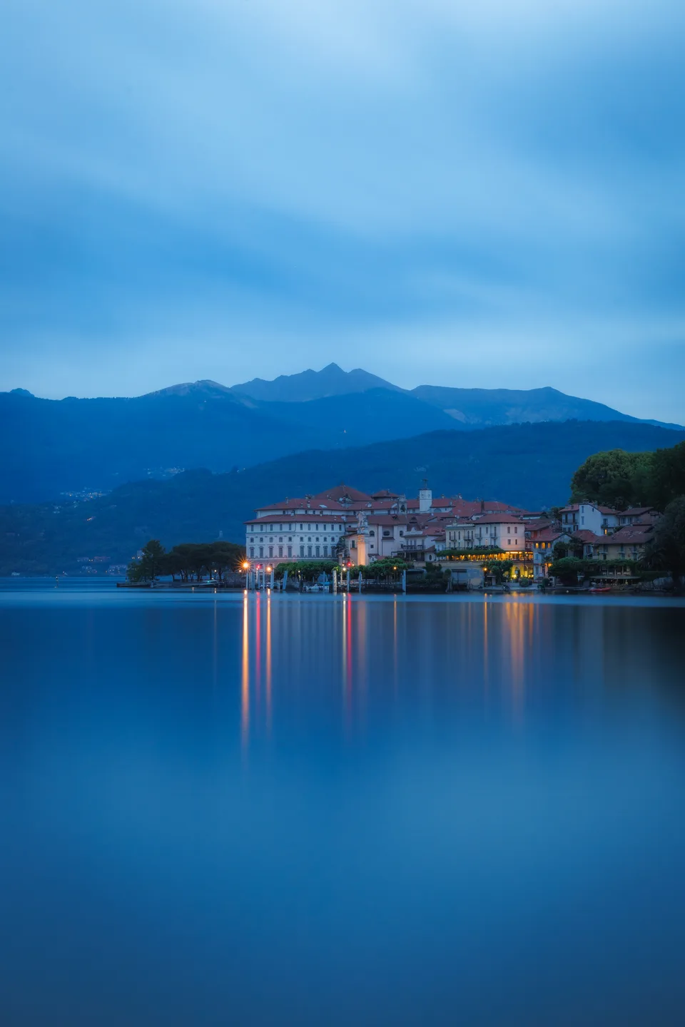 A lake town at dusk