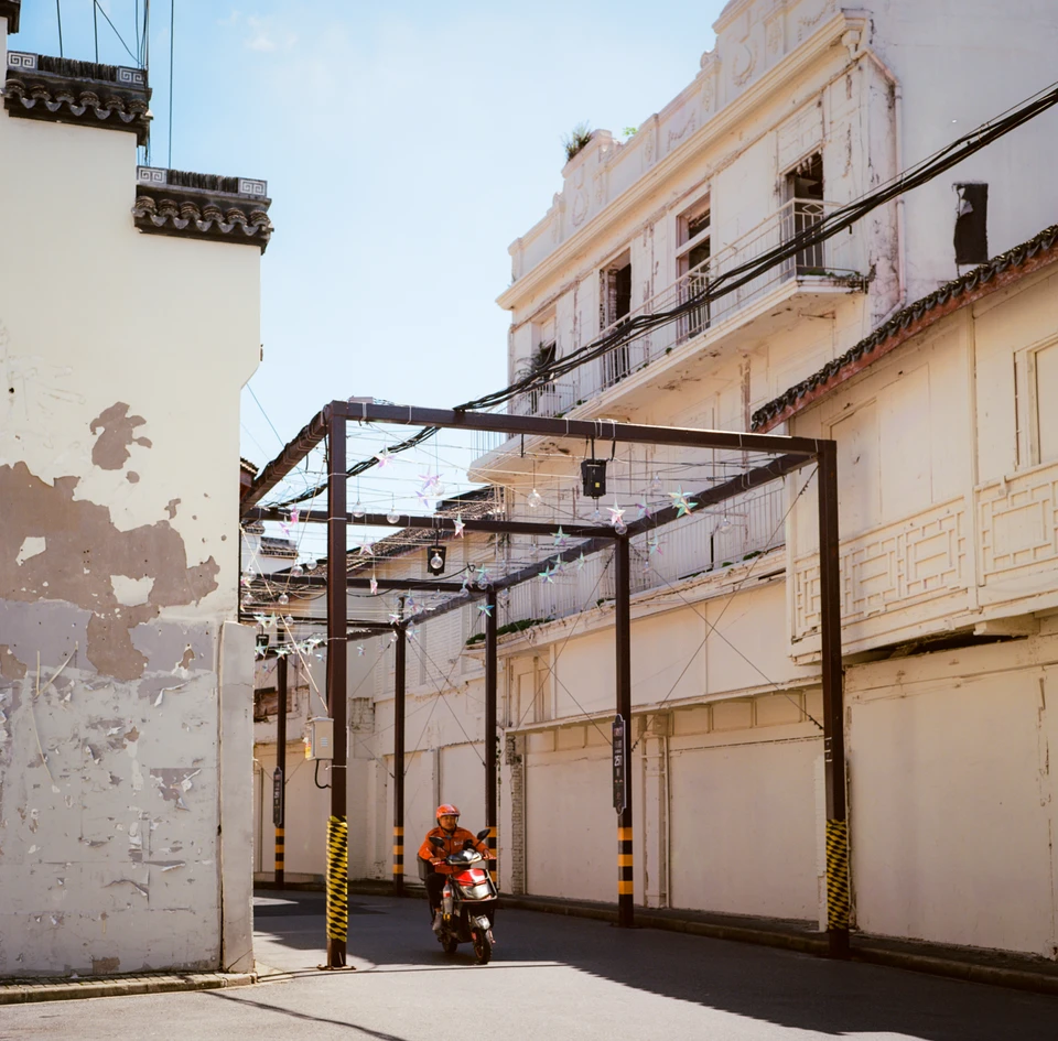 Steel frames over an empty street